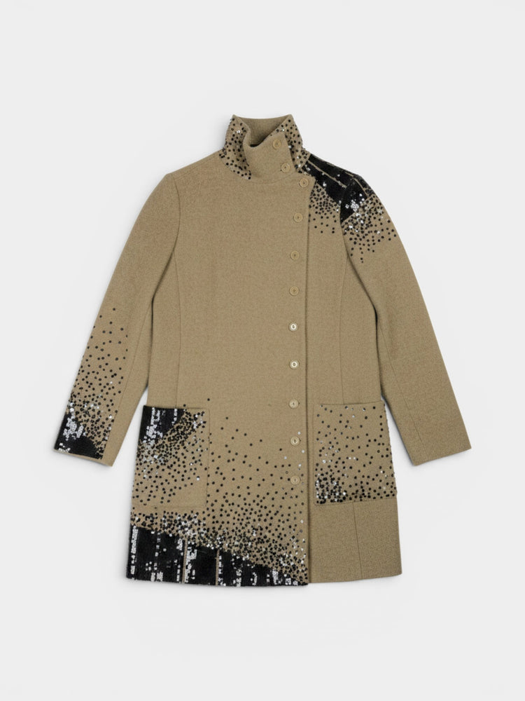 Beige Wool Sequin Embroidered Long Coat