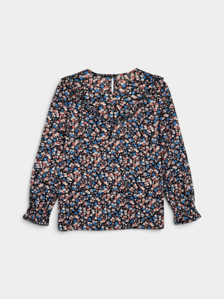 Navy Floral Ruffle Yoke Long-Sleeve Blouse