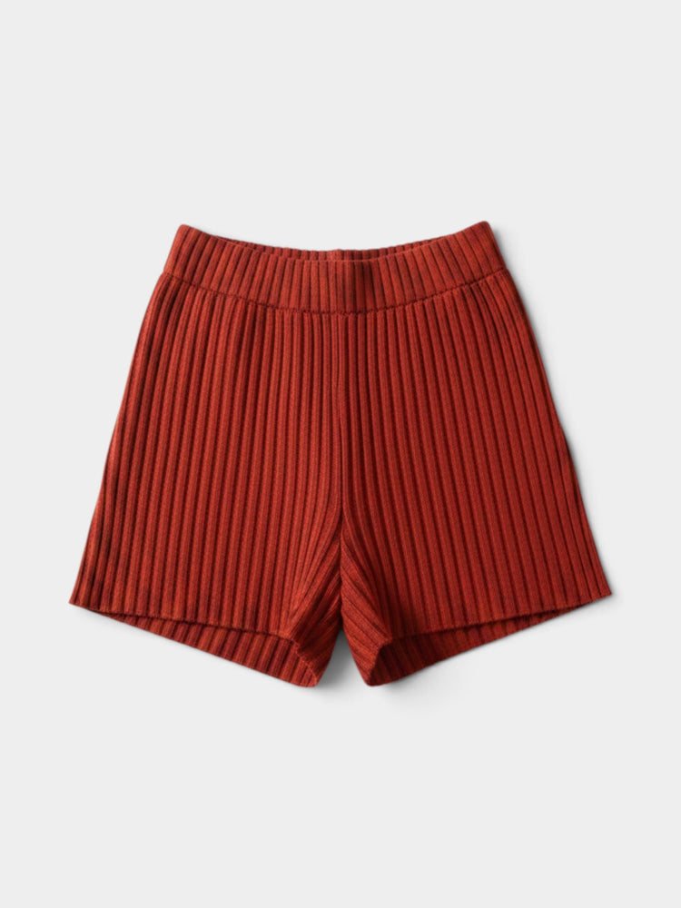 Rust Red-Orange Organic Cotton Ribbed Knit Shorts