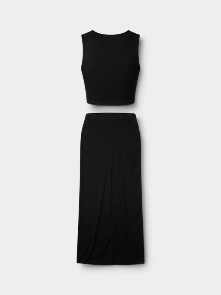 Black Crop Top & Twist-Knot Maxi Skirt Matching Set