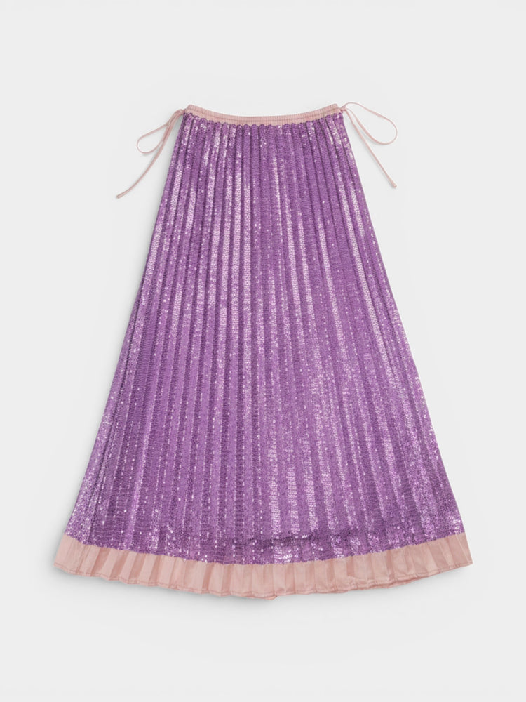 Purple Sequin Pleated Midi Skirt with Pink Trim