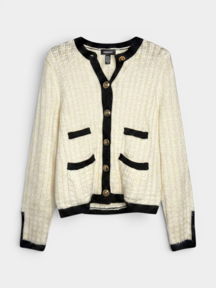 Ivory Cable Knit Cardigan with Black Trim and Gold Buttons