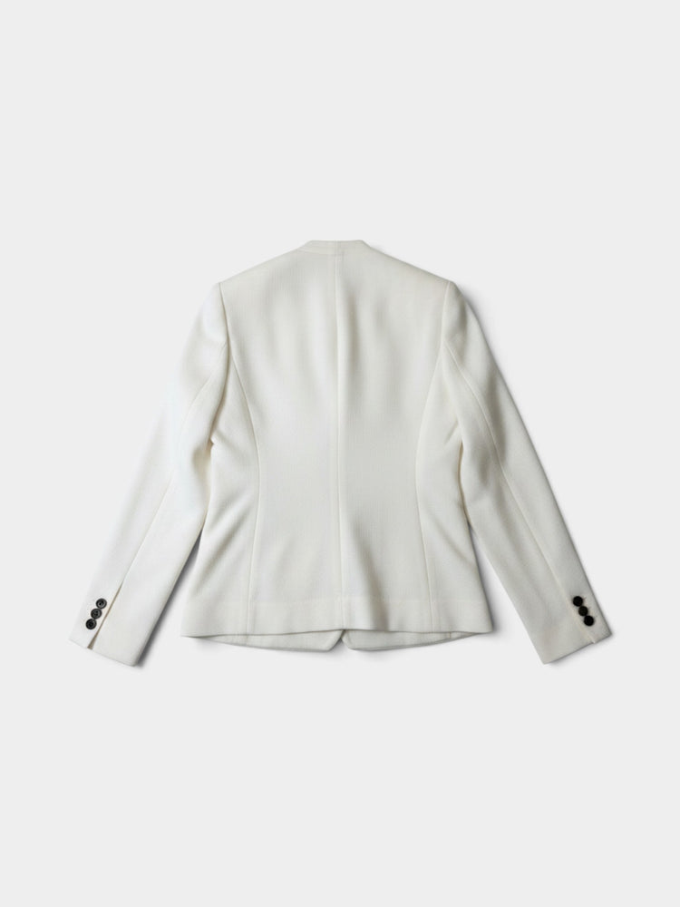White Double-Breasted Collarless Blazer