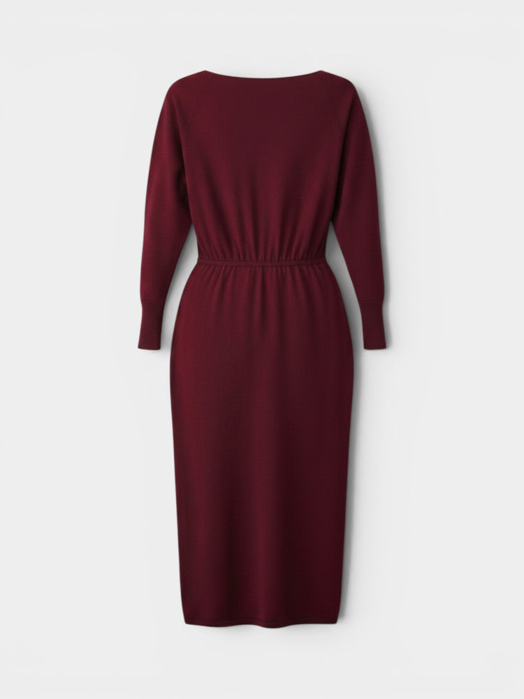 Burgundy Long-Sleeve Batwing Midi Knit Dress
