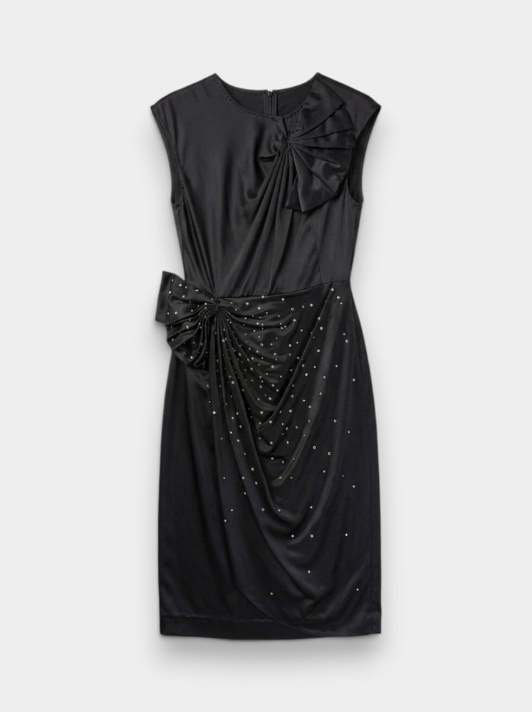 Black Silk Crystal Embellished Bow Midi Dress