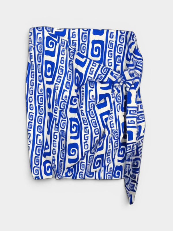 Blue White Geometric Print Linen Midi Skirt