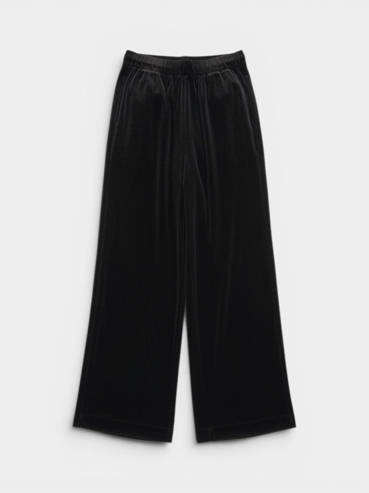 Black Velvet Wide-Leg Elastic Waist Pants