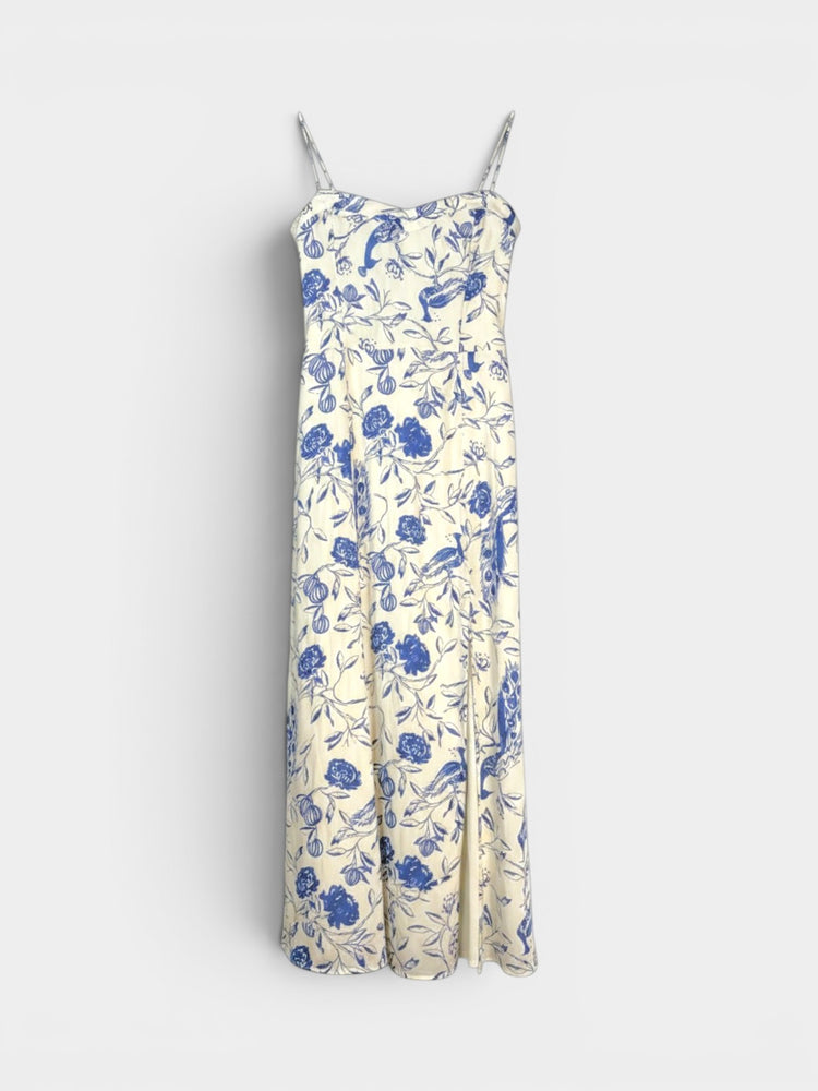 Ivory Blue Floral Toile Dress with Cross Back Straps