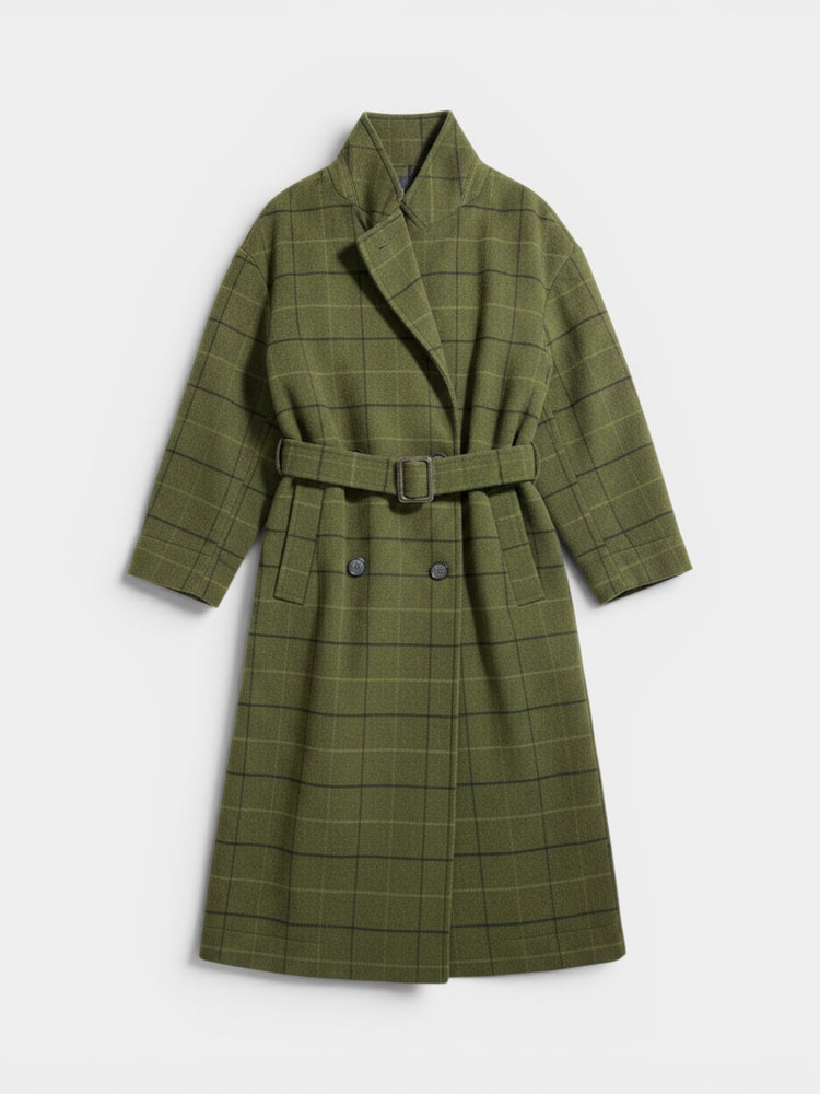 Green Windowpane Plaid Belted Wool Blend Coat