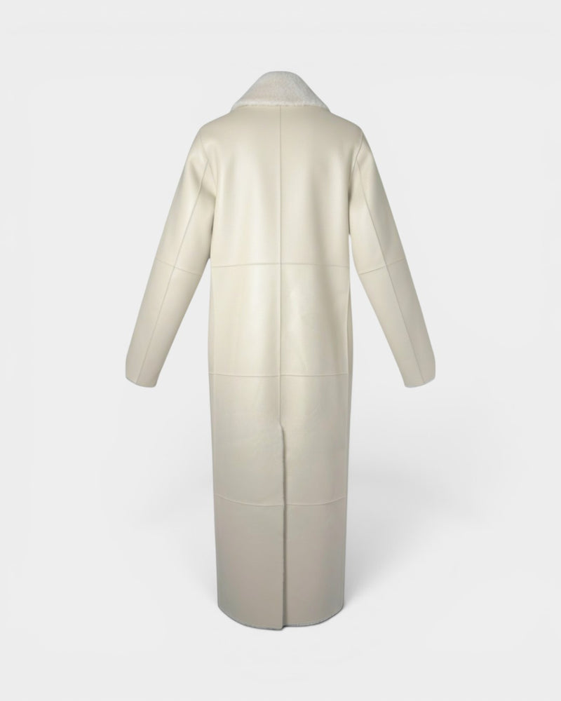Ivory Leather Maxi Shearling Lined Long Coat