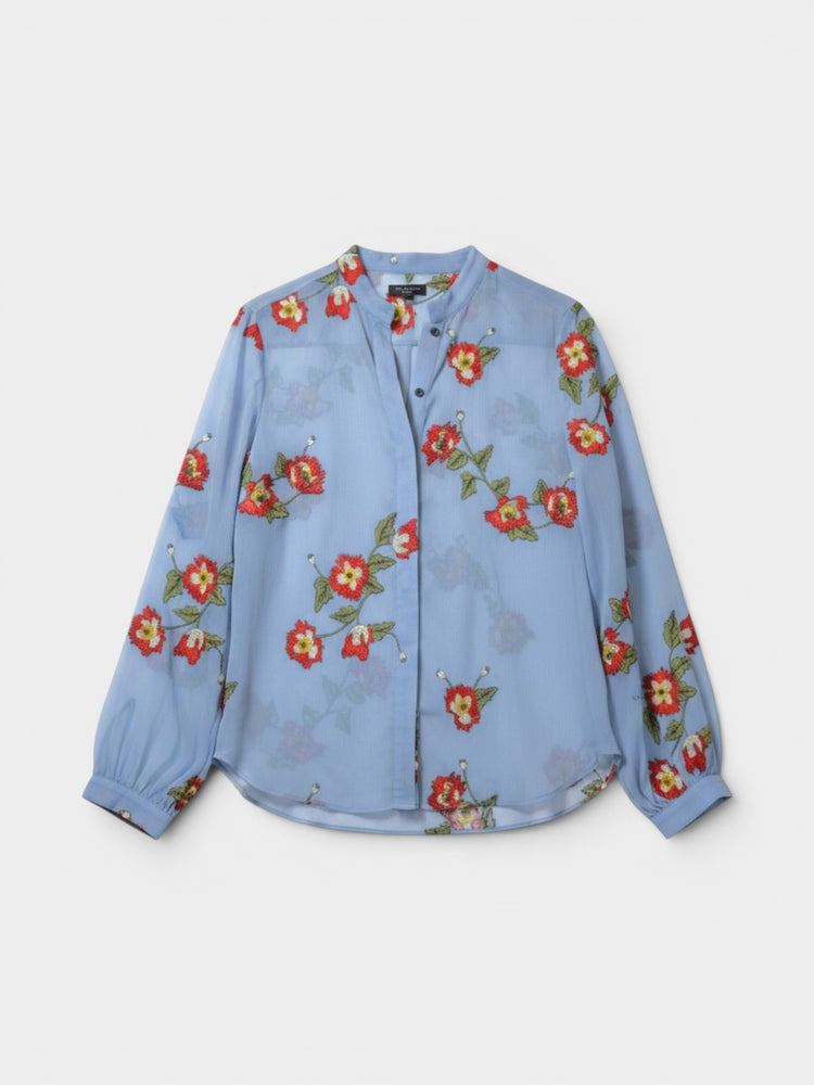Blue Floral Embroidered Semi-Sheer Long Sleeve Blouse