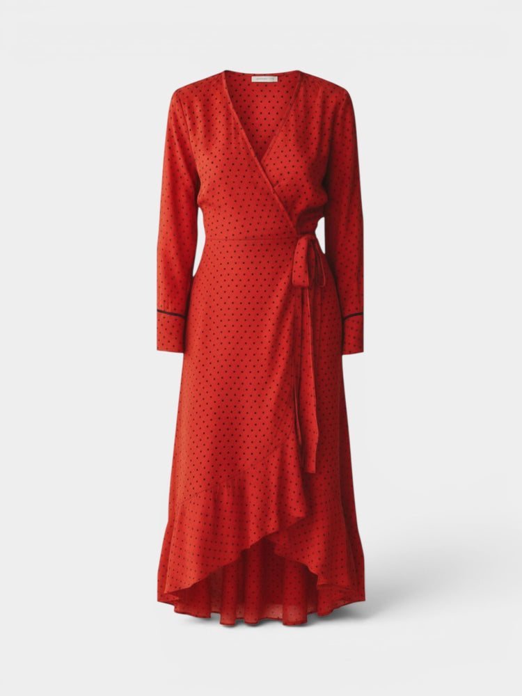 Red Black Polka Dot Wrap Maxi Dress