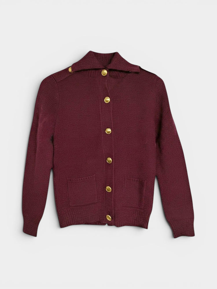 Burgundy Knit Cardigan with Gold-Tone Buttons and Patch Pockets