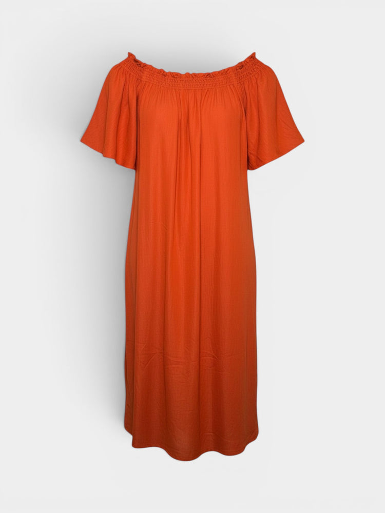 Burnt Orange Off-Shoulder Smocked Midi Dress Flutter Sleeves