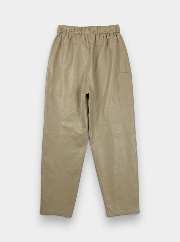 Khaki Faux Leather Barrel-Leg Trousers