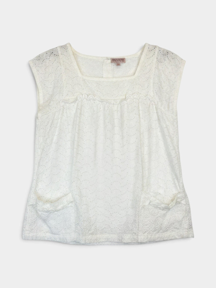 White Eyelet Sleeveless Square Neck Blouse