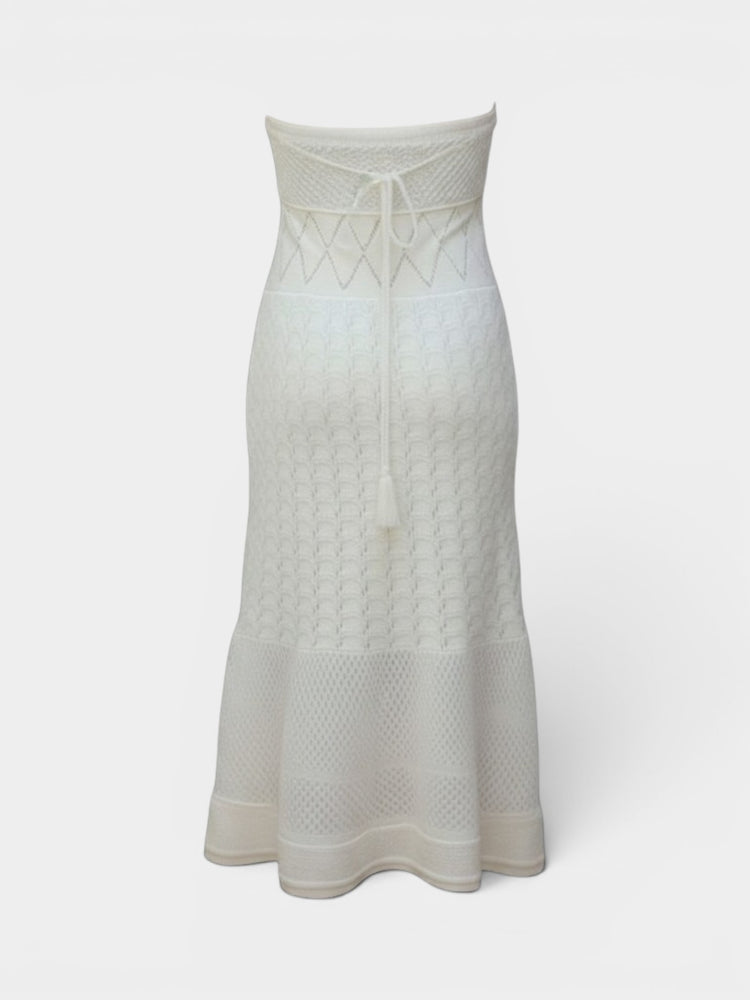 Ivory Pointelle Knit Strapless Midi Dress with Tassel Tie