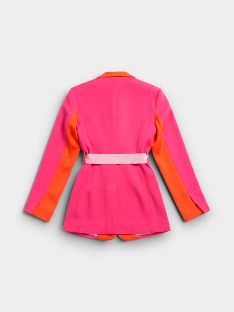 Orange Pink Color Block Belted Blazer Jacket