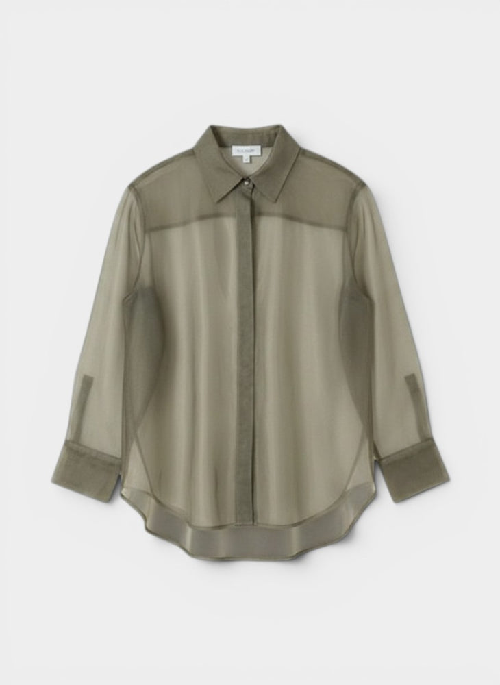 Khaki/Sage Sheer Organza Long-Sleeve Button-Front Blouse