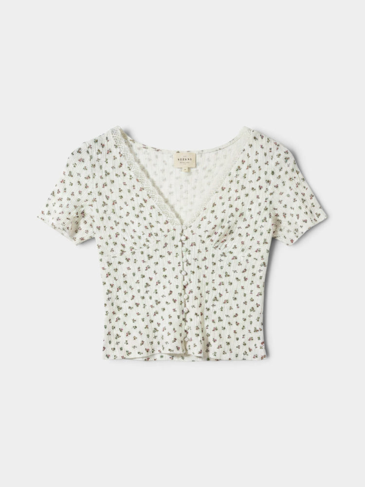 Ivory Floral Ribbed Cotton Cropped Button-Front Blouse