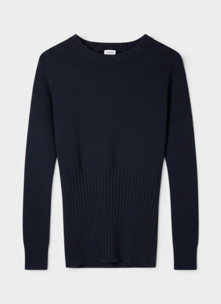 Navy Knit Crewneck Sweater with Ribbed Hem Detail