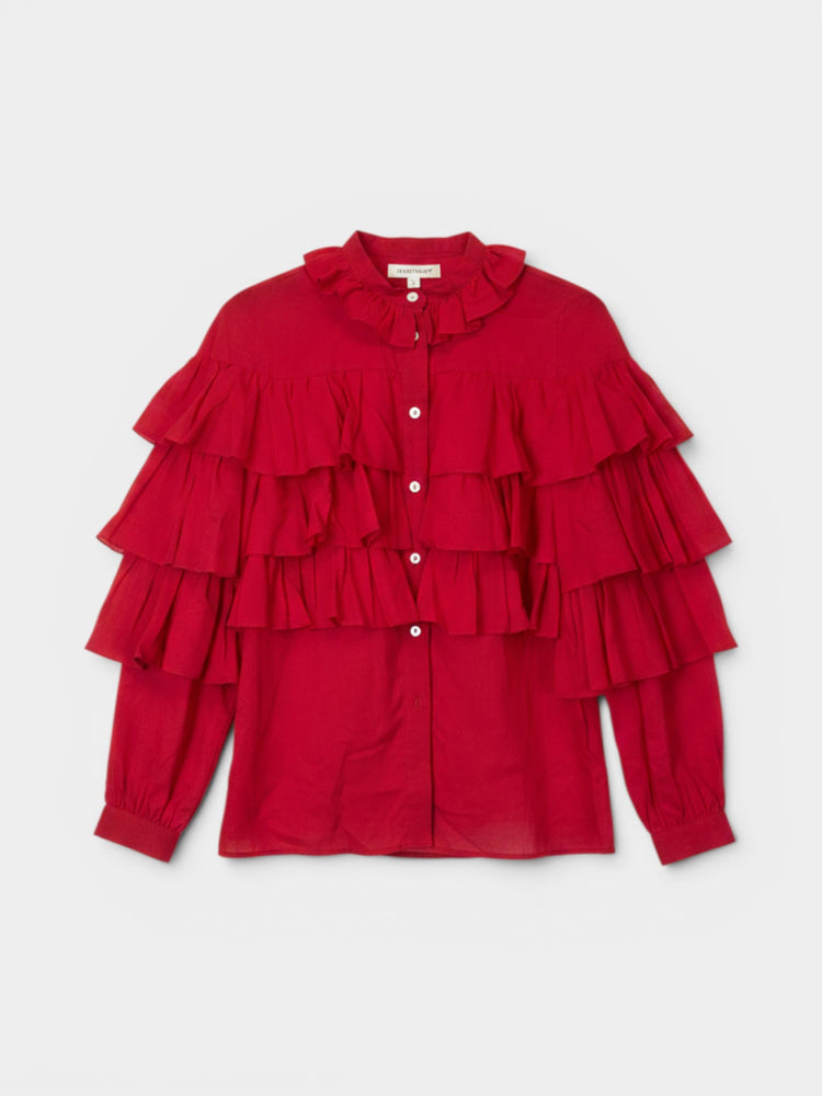 Red Tiered Ruffle Long-Sleeve Button-Down Blouse