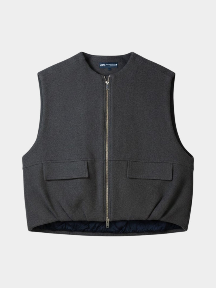 Gray Wool-Blend Cropped Zip-Front Vest with Flap Pockets