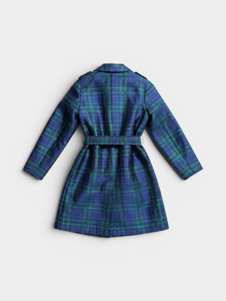 Navy Green Metallic Plaid Belted Trench Coat