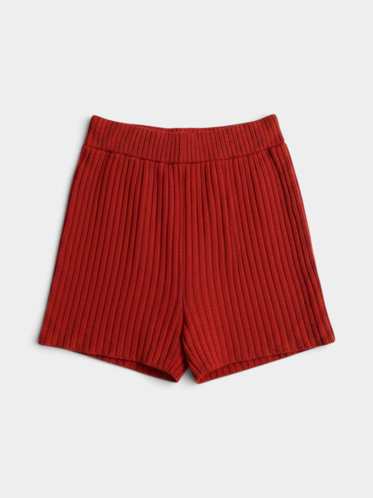 Rust Red-Orange Organic Cotton Ribbed Knit Shorts