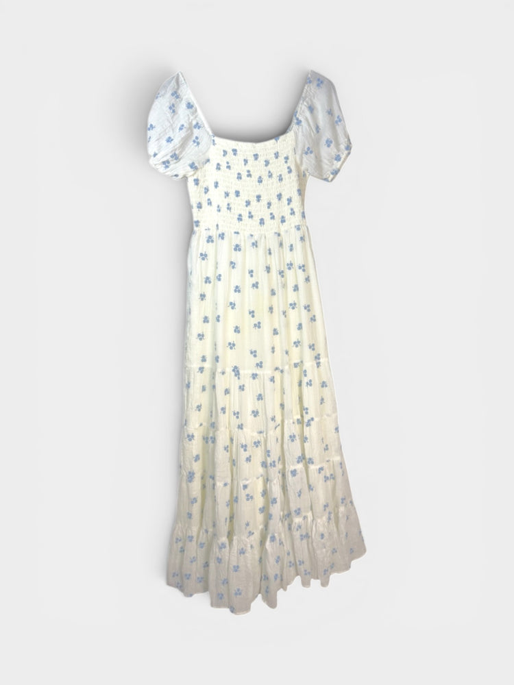 Ivory Blue Floral Smocked Bodice Puff Sleeve Tiered Maxi Dress