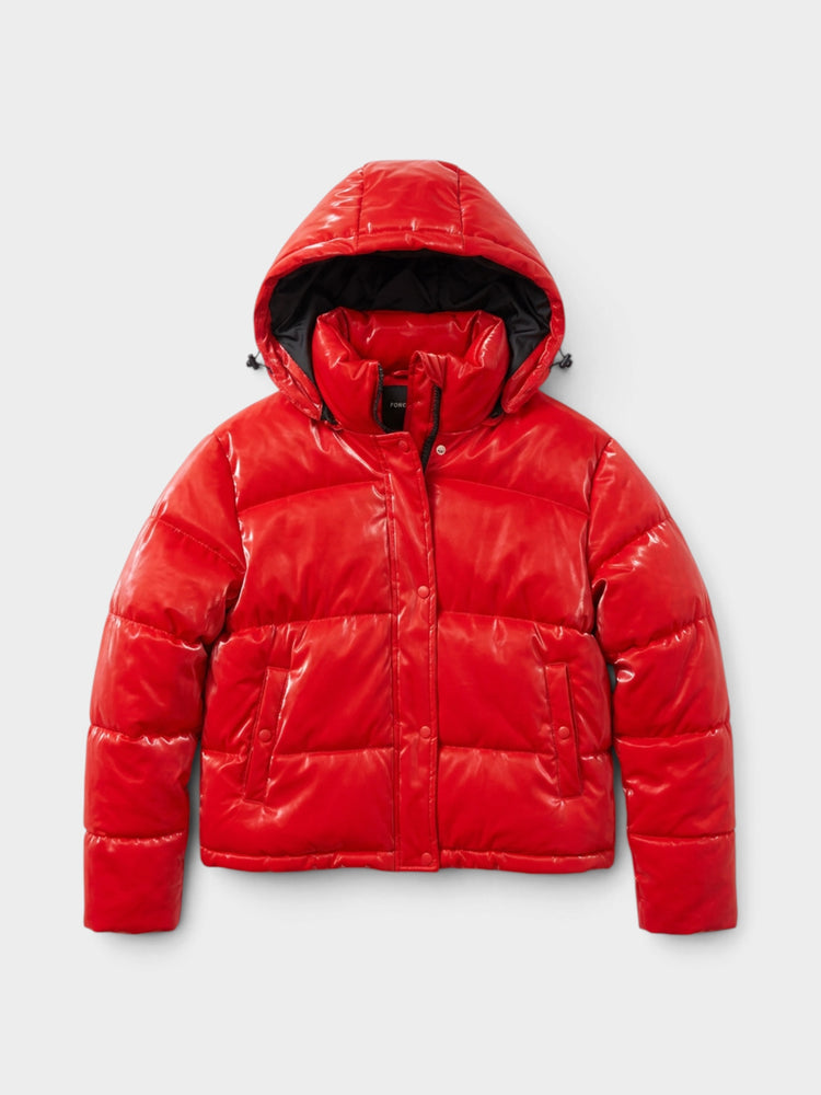 Red Glossy Quilted Hooded Puffer Jacket
