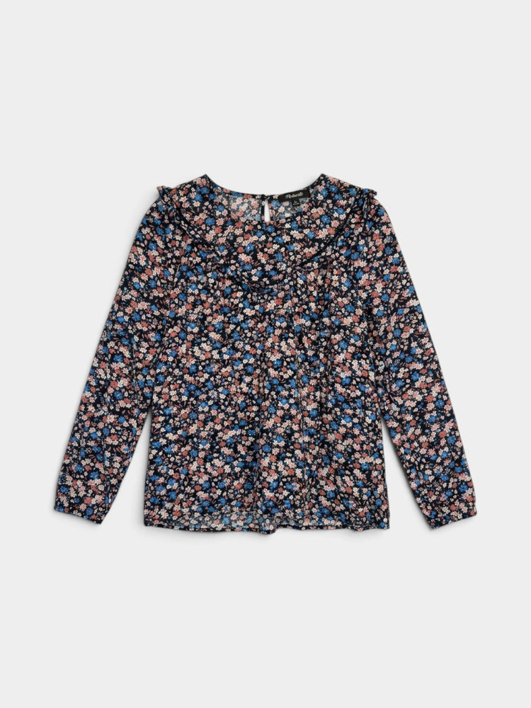 Navy Floral Ruffle Yoke Long-Sleeve Blouse