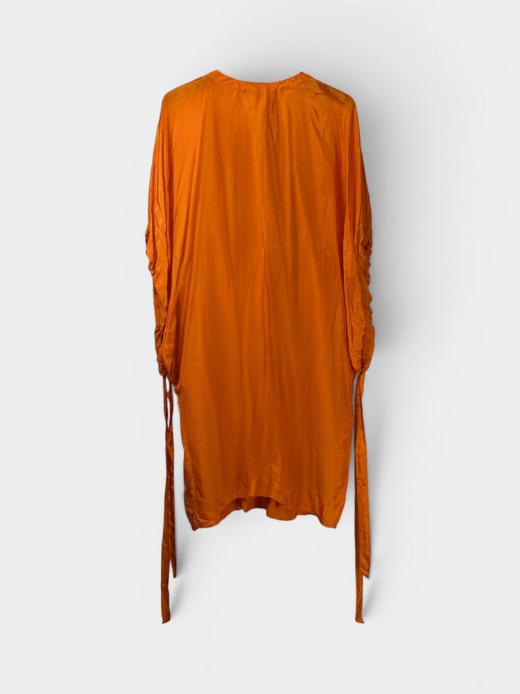 Orange Oversized Midi Dress with Ruched Drawstring Sleeves