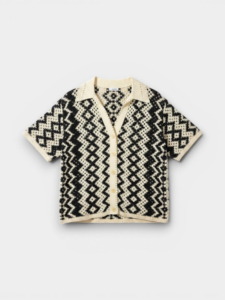 Ivory Black Geometric Crochet Short-Sleeve Cardigan