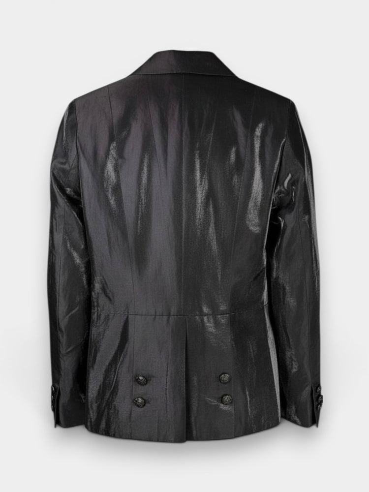 Black Coated Linen Double-Breasted Blazer