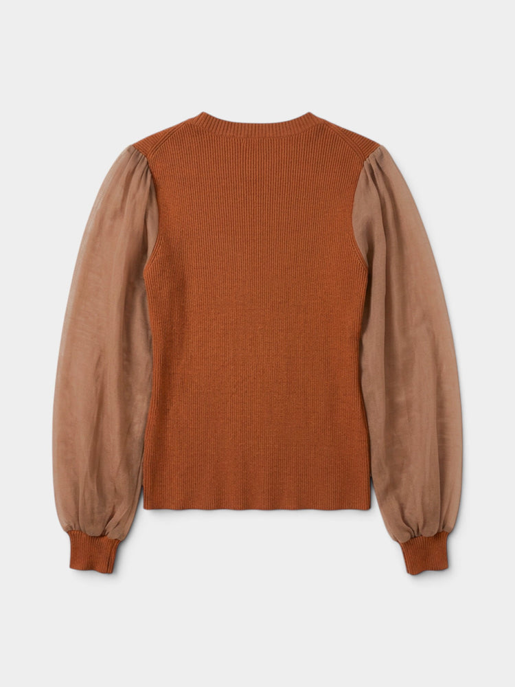 Rust Orange Ribbed Knit Sheer Sleeve Sweater
