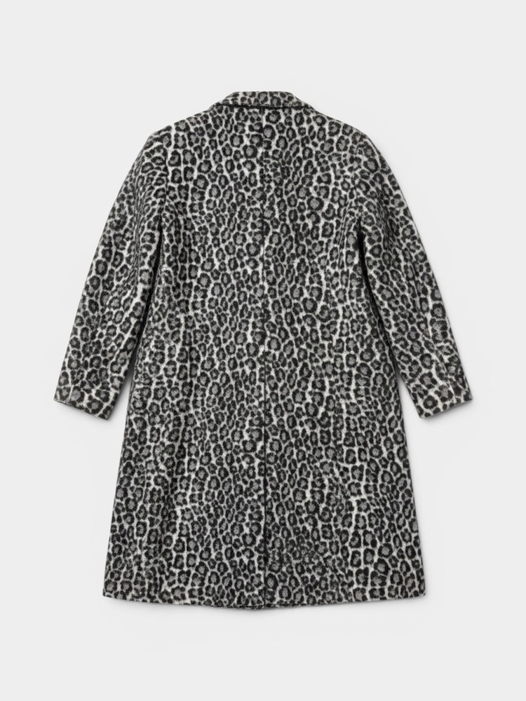 Gray Leopard Print Wool Blend Double-Breasted Coat