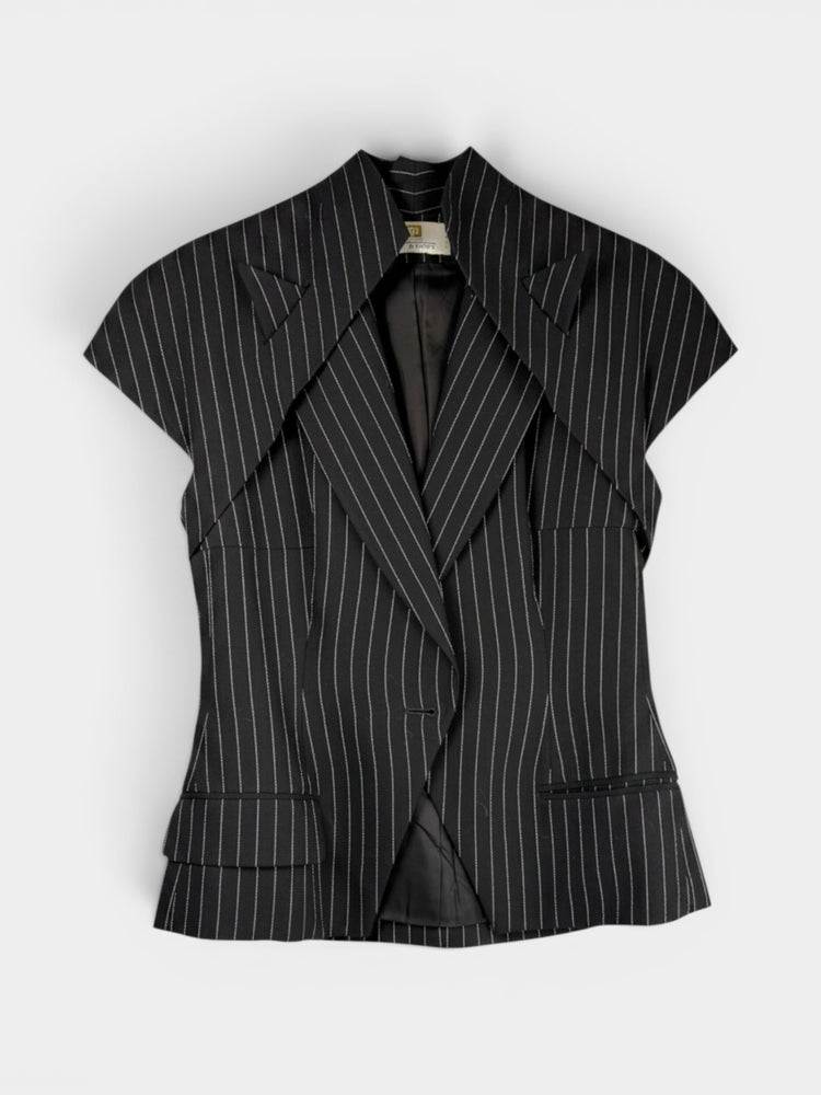 Black Pinstripe Wool Deconstructed Sleeveless Blazer Vest