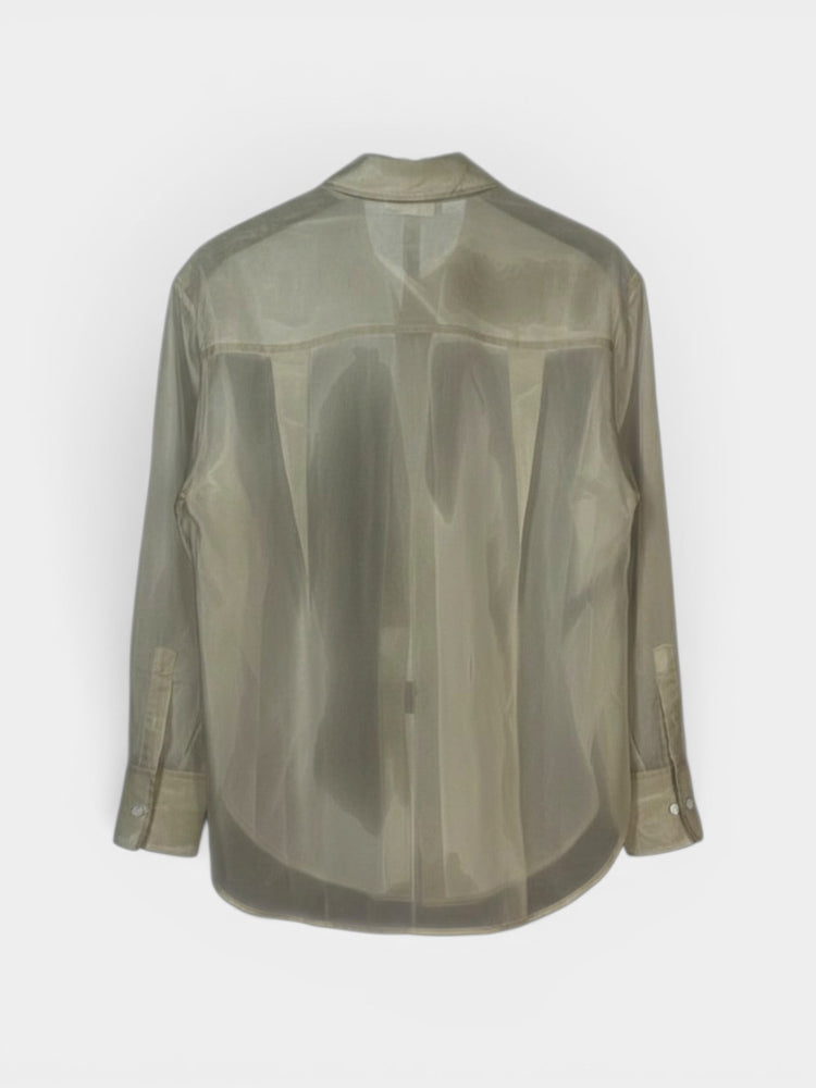 Khaki/Sage Sheer Organza Long-Sleeve Button-Front Blouse
