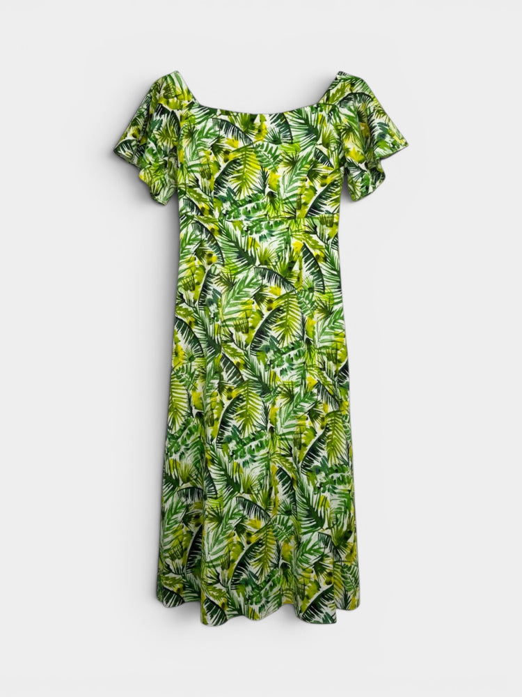 Green Tropical Palm Leaf Print Flutter Sleeve Midi Dress
