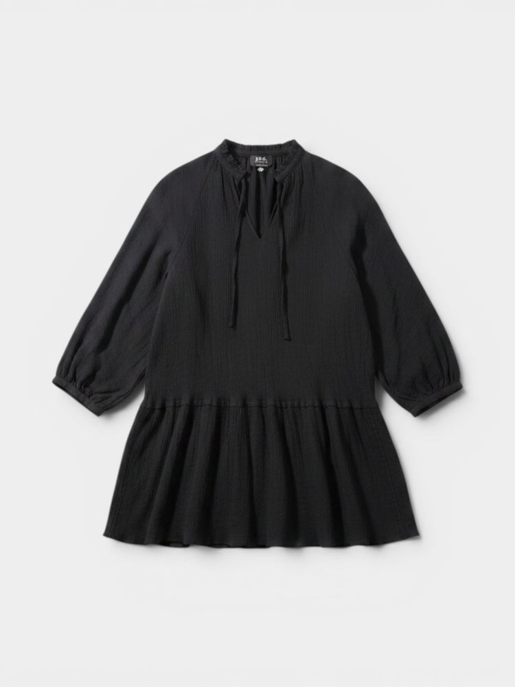 Black Mini Dress with Tie Neck and Drop Waist