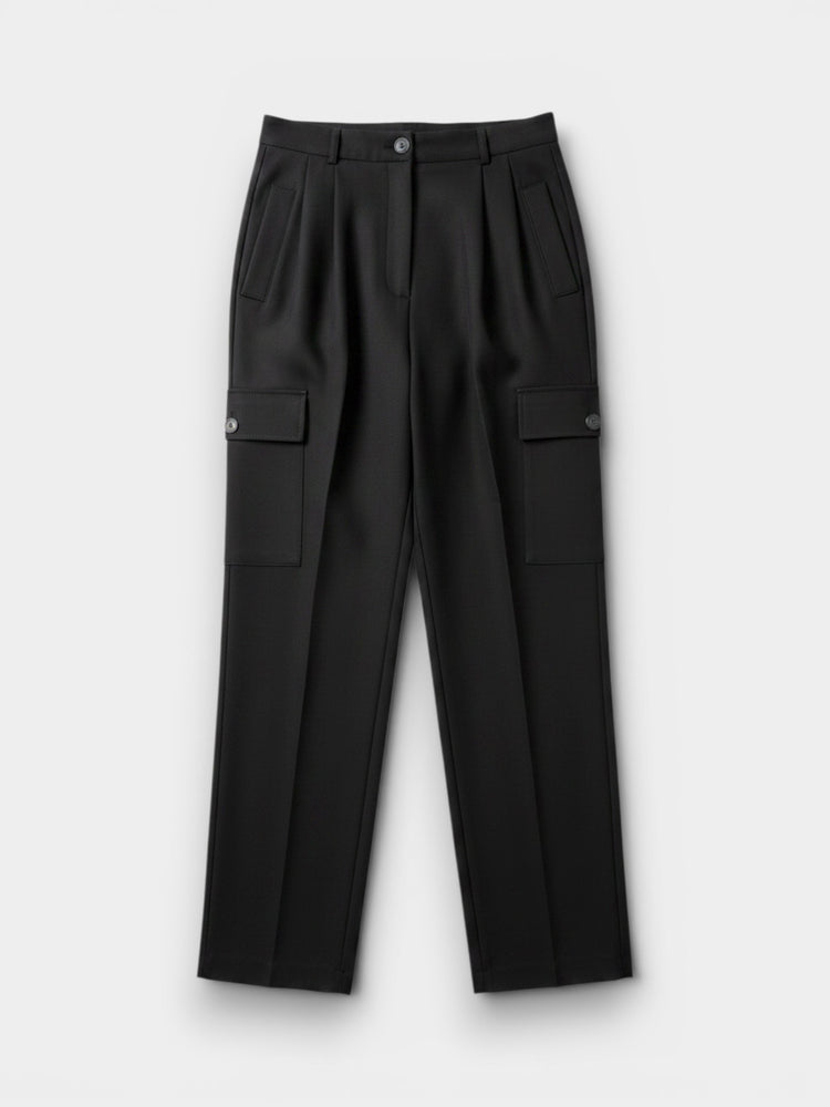 Black Pleated Cargo Straight-Leg Trousers