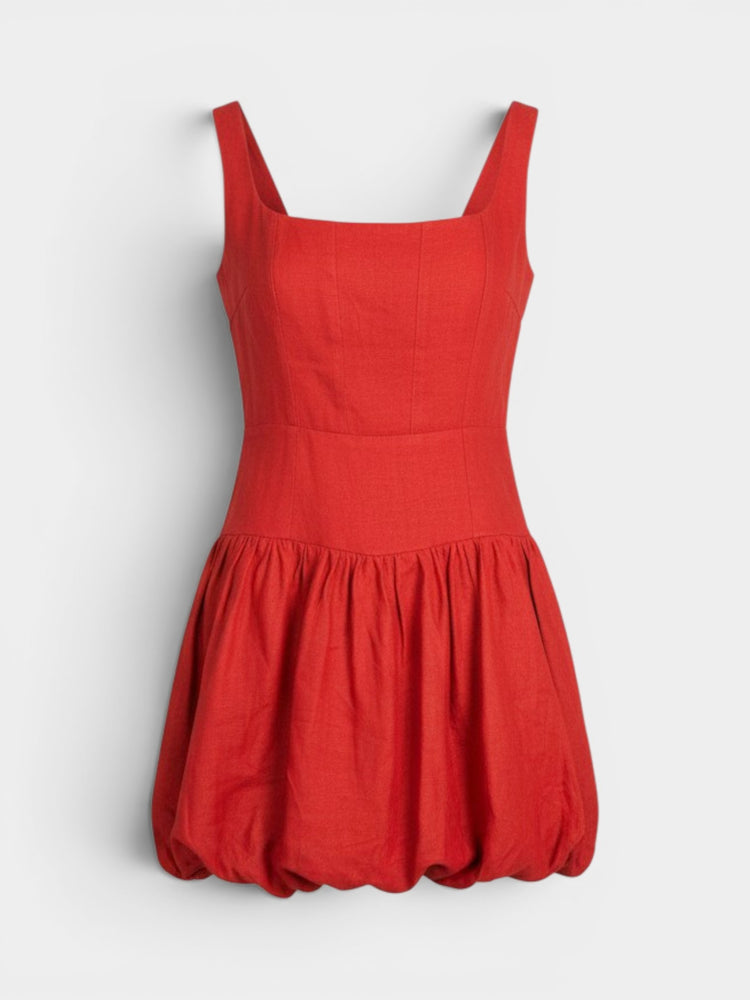 Red Linen Square Neck Bubble Mini Dress