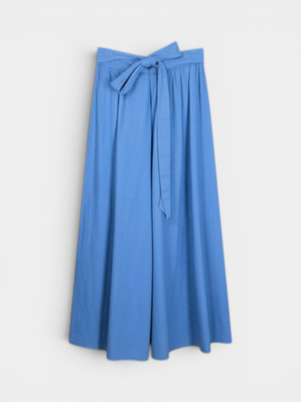 Blue Wide Wrap Skirt with Tie Belt