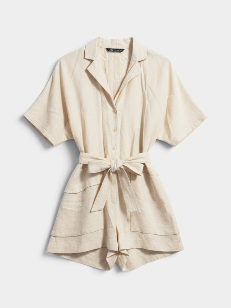 Beige Belted Romper with Cutout Back