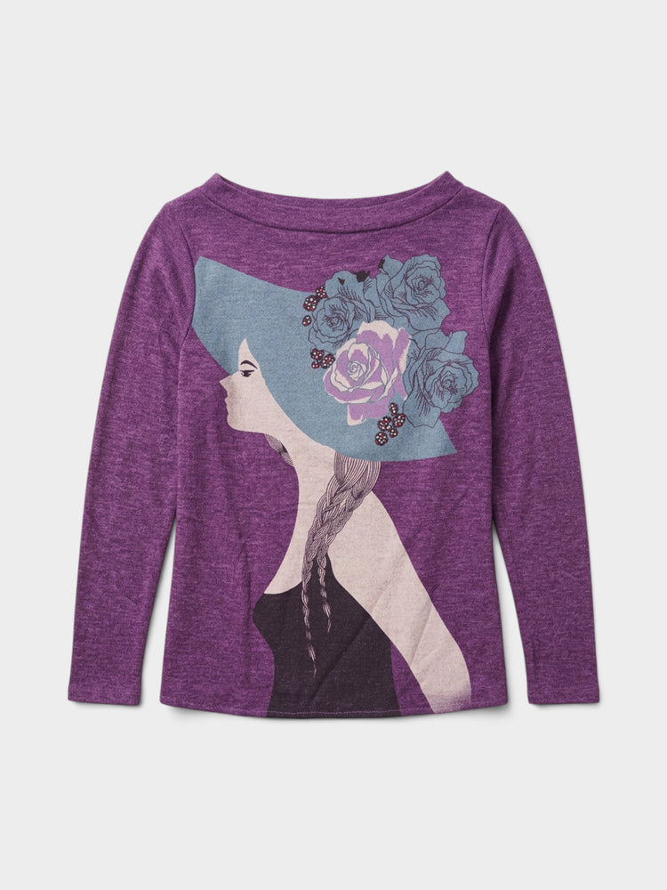 Purple Heathered Graphic Boat Neck Sweater