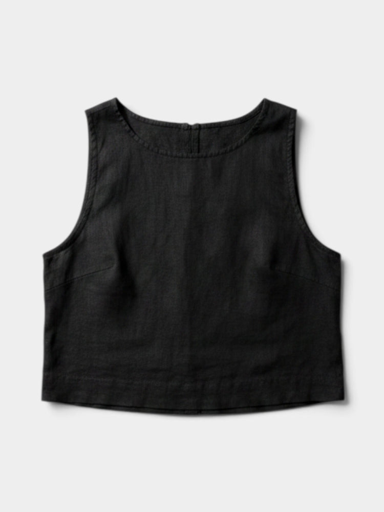 Black Linen Button-Front Sleeveless Crop Top