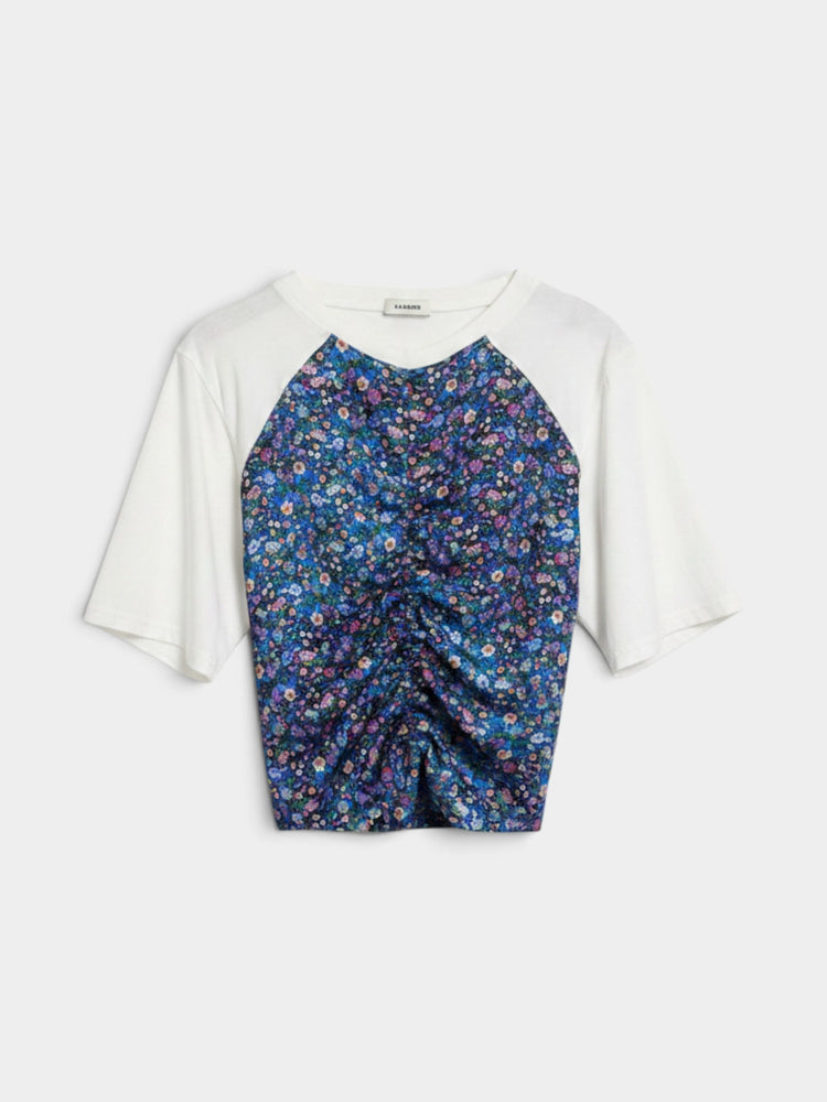 White Cotton Floral Panel Ruched Tie-Back T-Shirt