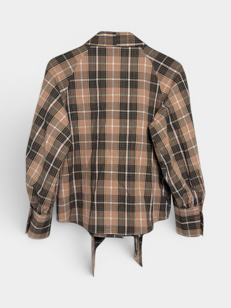 Plaid Tie-Neck Long-Sleeve Blouse