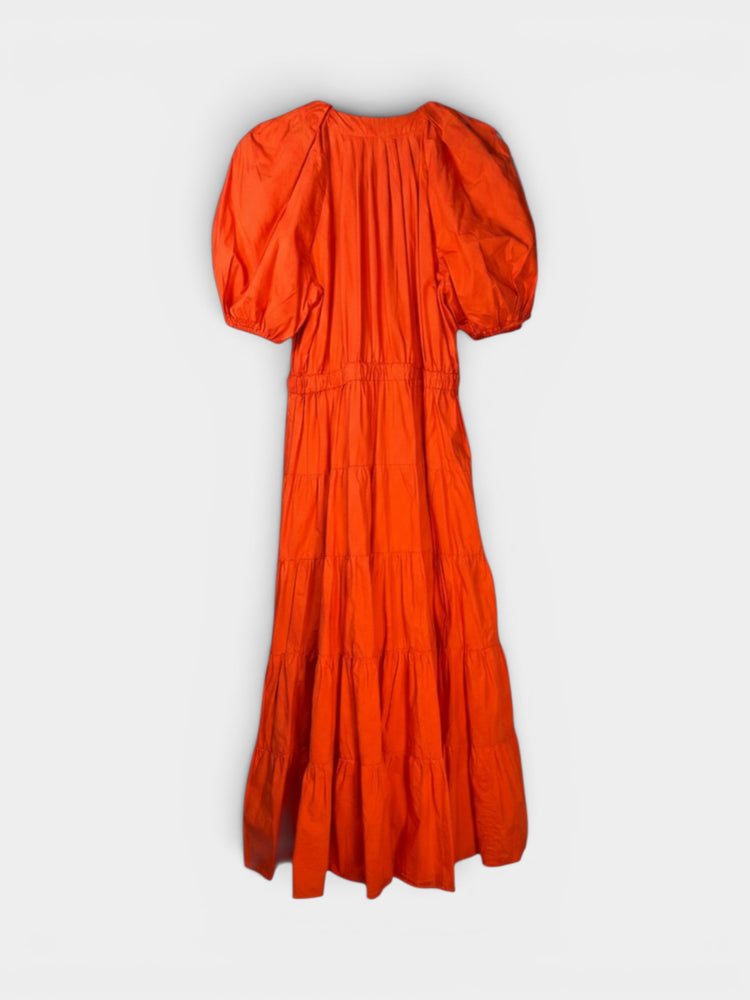 Orange Cotton Puff Sleeve Tiered Maxi Dress